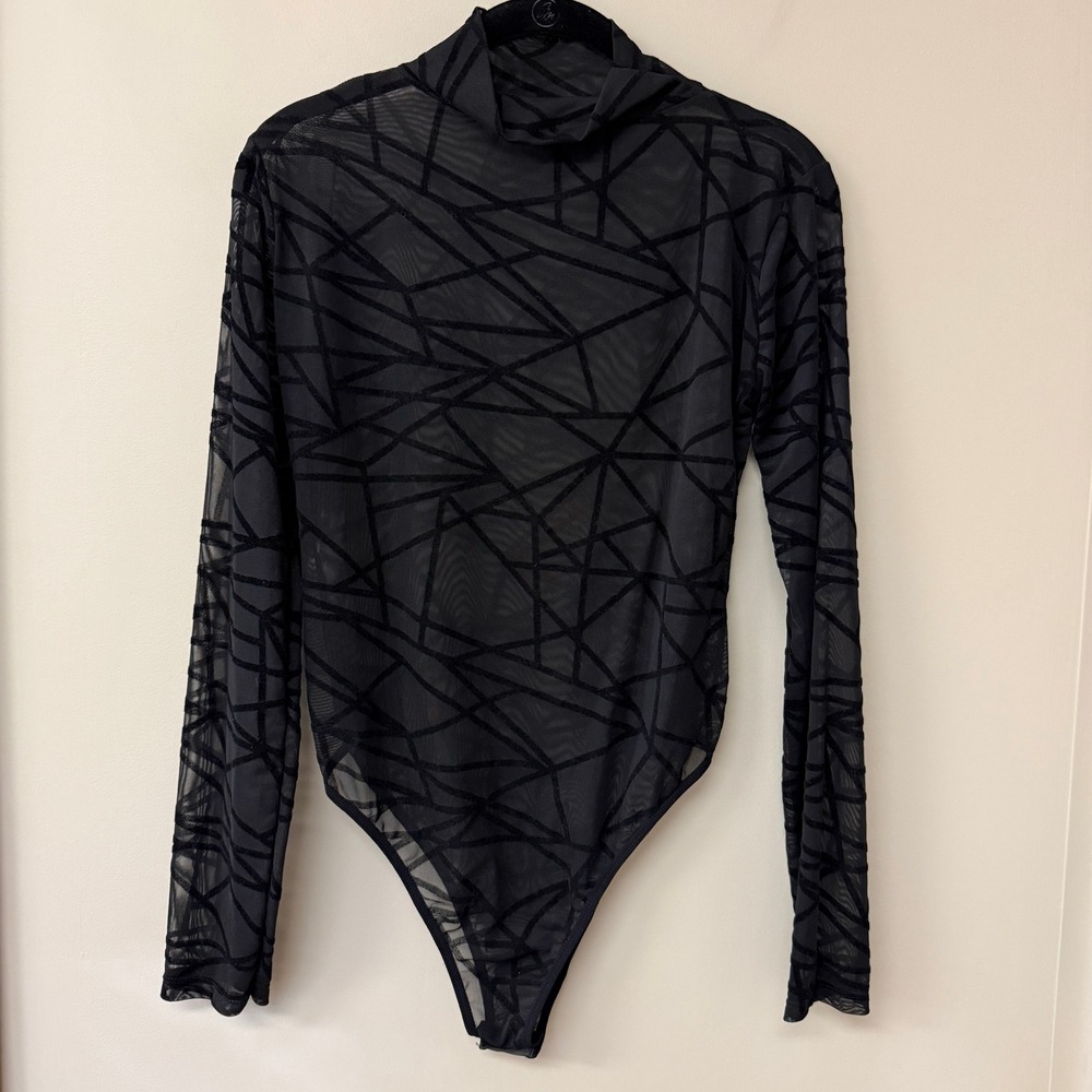 Womens Velvet Spider High Neck Bodysuit Black Sheer Mesh Goth Rave Club Cyber